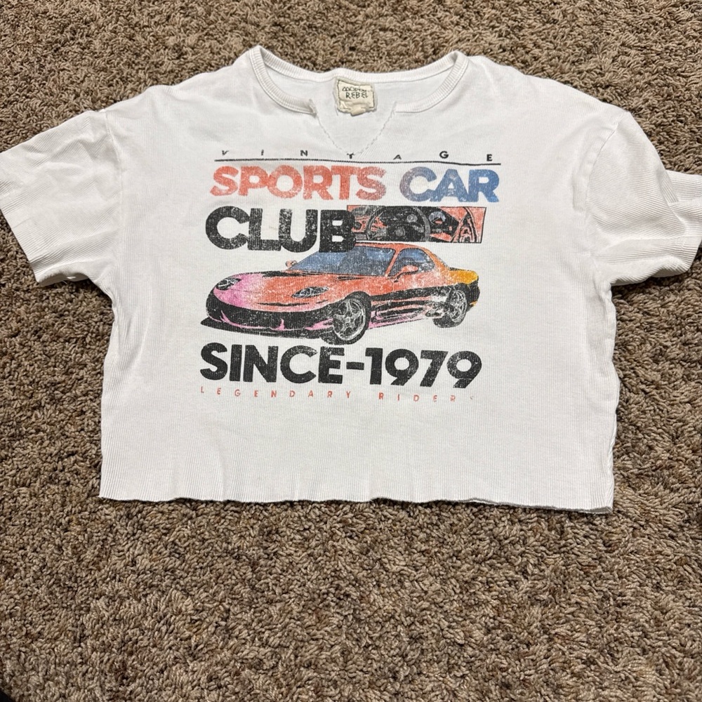 Buckle White Vintage Sports Car Crop Top
